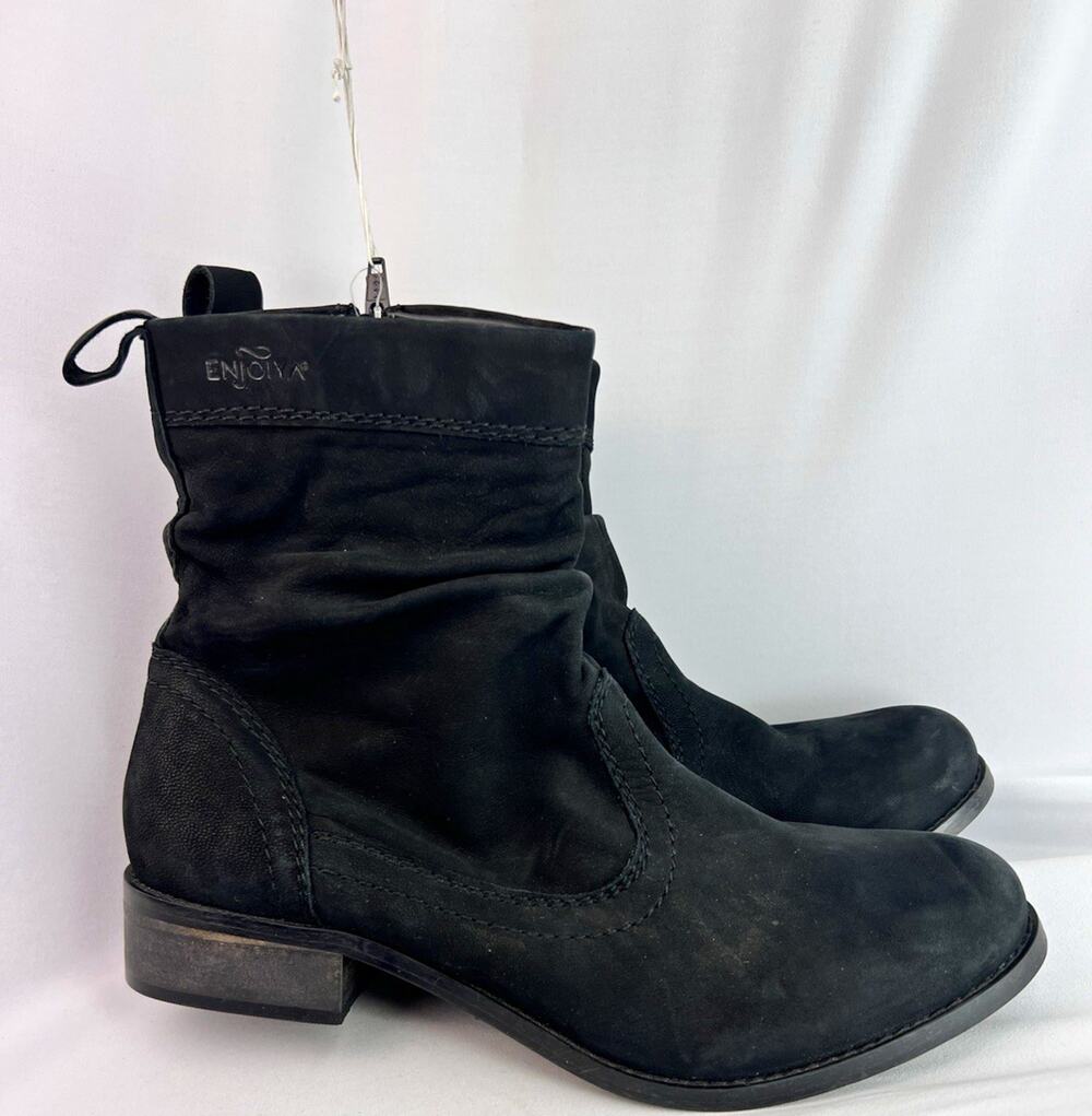 Enjoiya Stella Women's Black Leather Round Toe Zip Ankle Bootie Rubber US 11